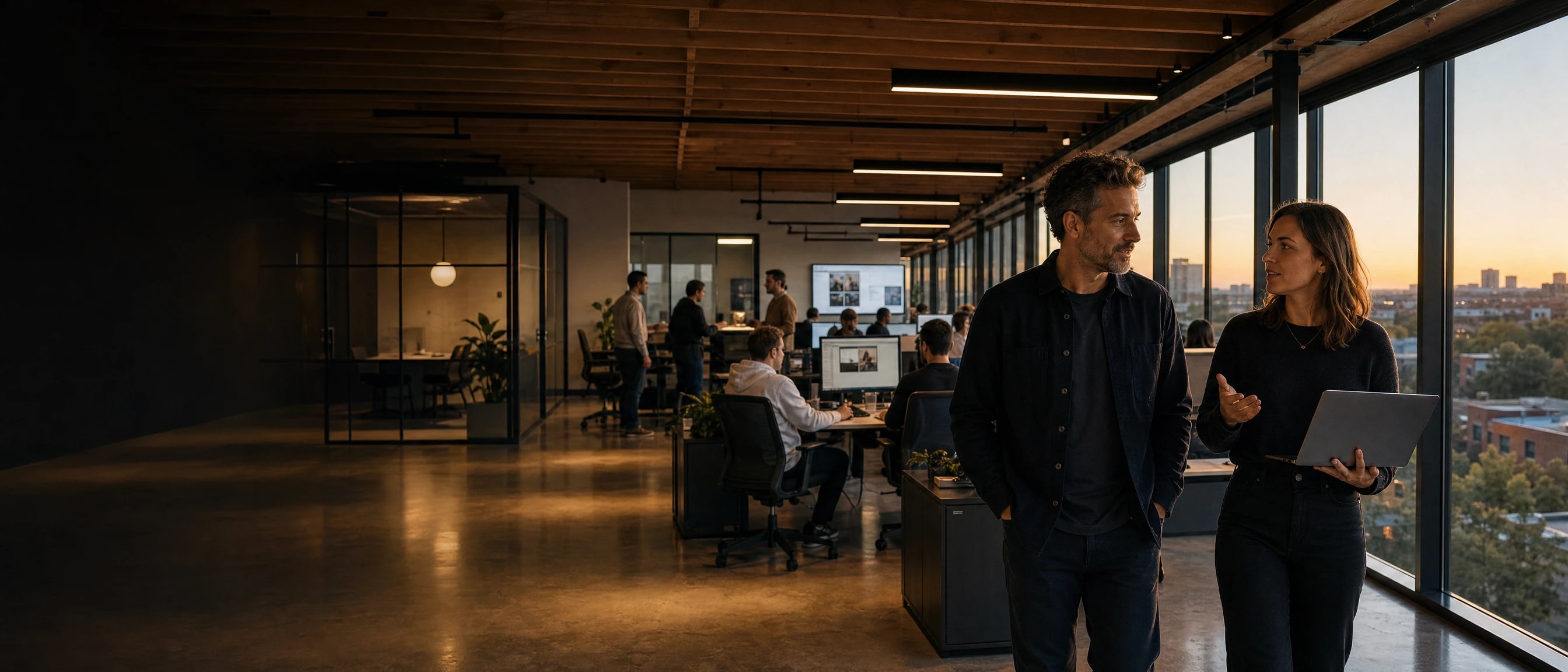 The agency founder and the head of new business walking past the window line of the open studio floor at golden hour, a laptop between them