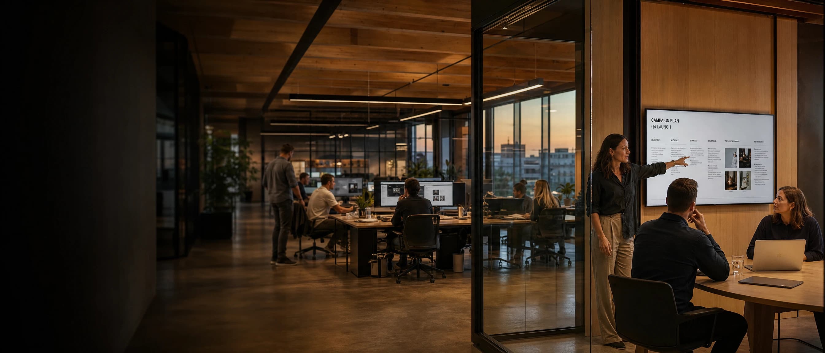 The agency’s growth lead presenting a campaign plan to two clients in a glass meeting room, the studio floor behind them