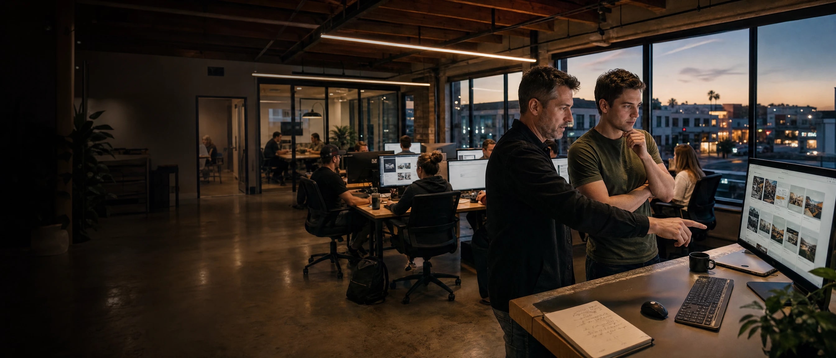 The creative director and a strategist reviewing ad creative at a large monitor, the studio floor at blue hour and a low skyline behind them