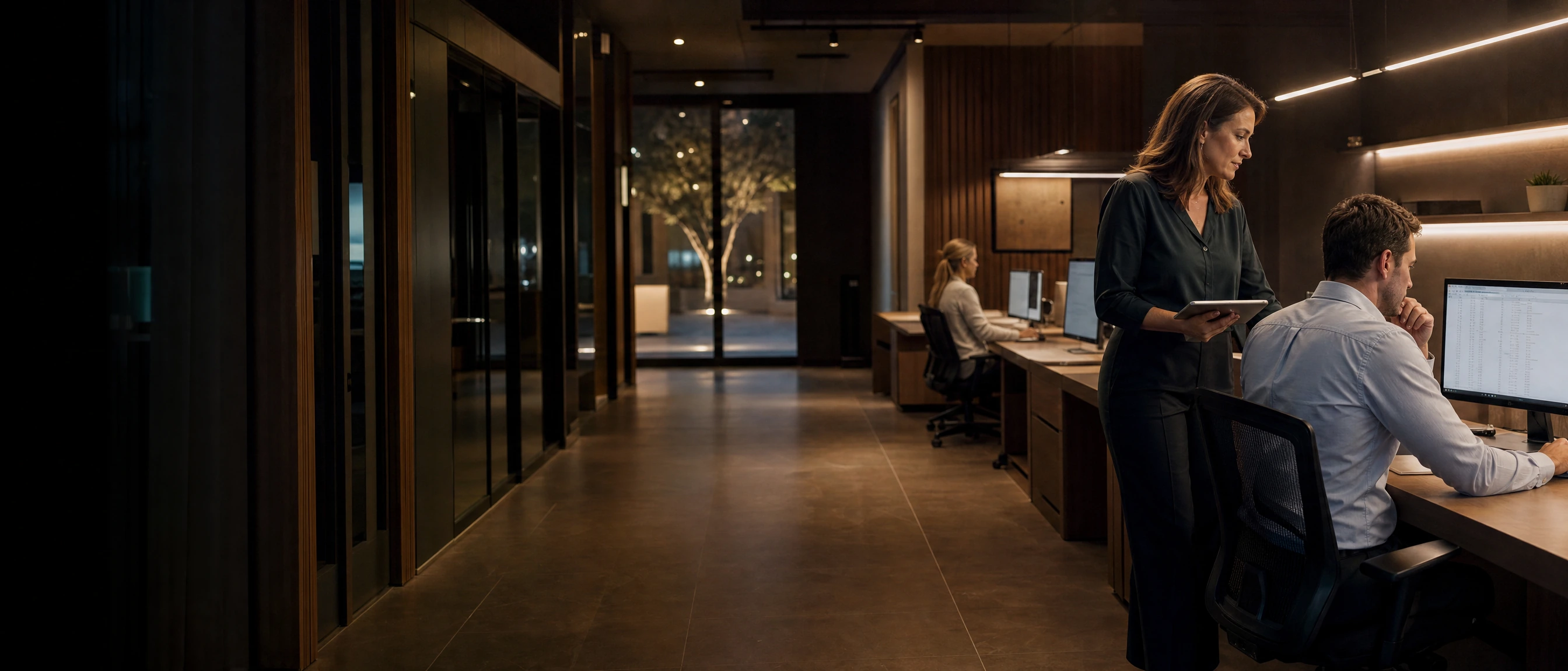 The practice owner and her practice manager working through the open plans at the back office desks, a coordinator down the row.
