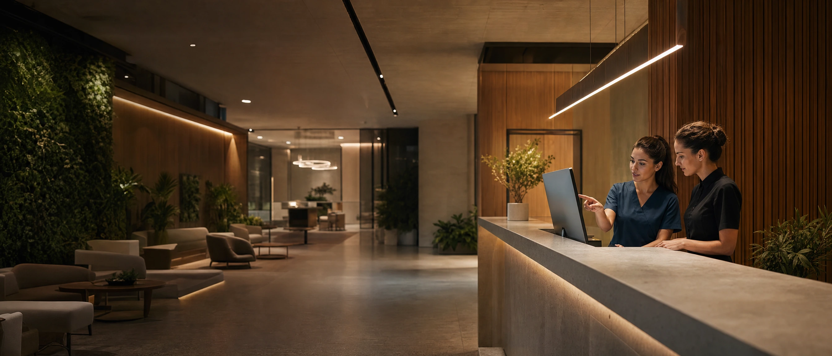 Two patient coordinators at the reception screen in a premium modern practice.