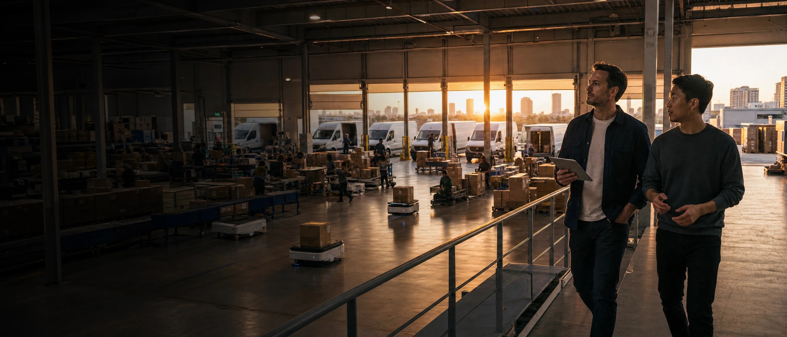 The founder walking the edge of the fulfillment floor with a tablet, an operations lead beside him, robots and delivery vans at the dock doors behind