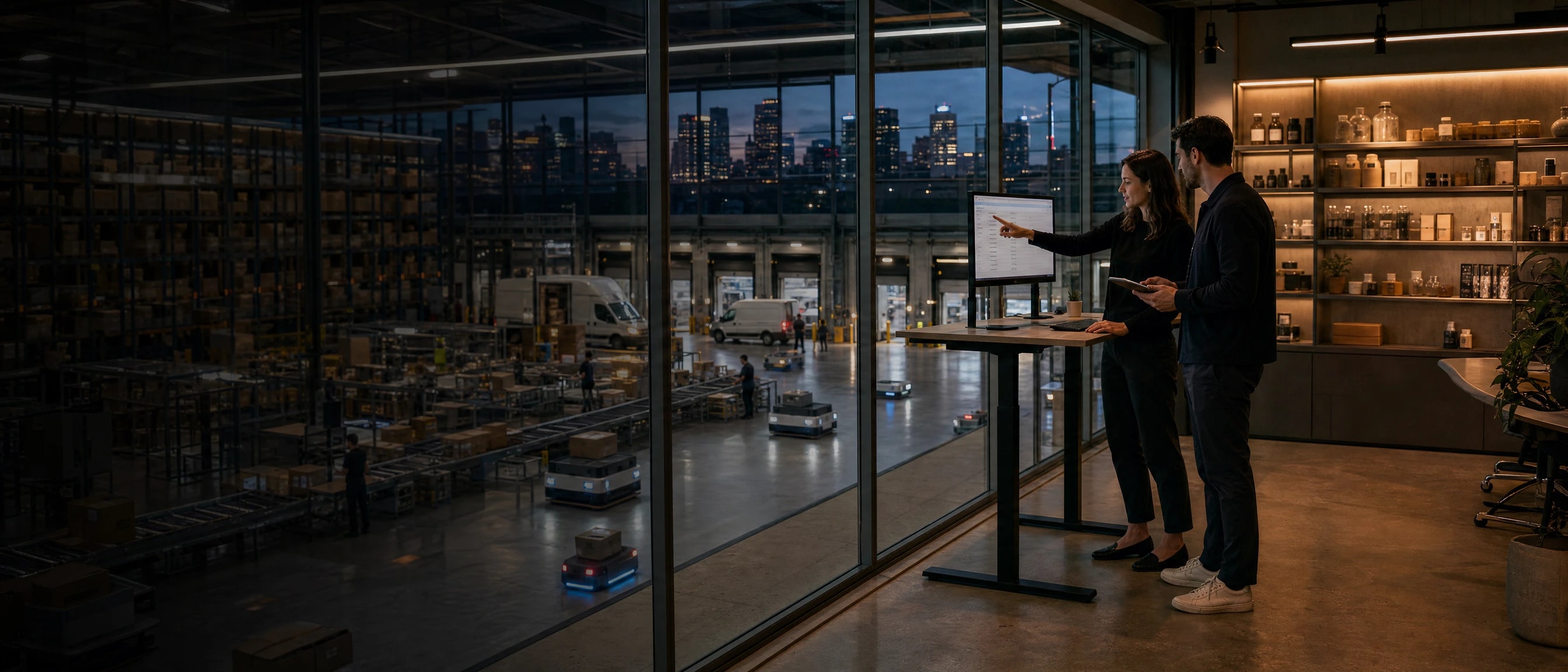The operations director and a colleague reviewing an order list at a standing desk in a glass-walled office above the fulfillment floor at blue hour, the skyline beyond