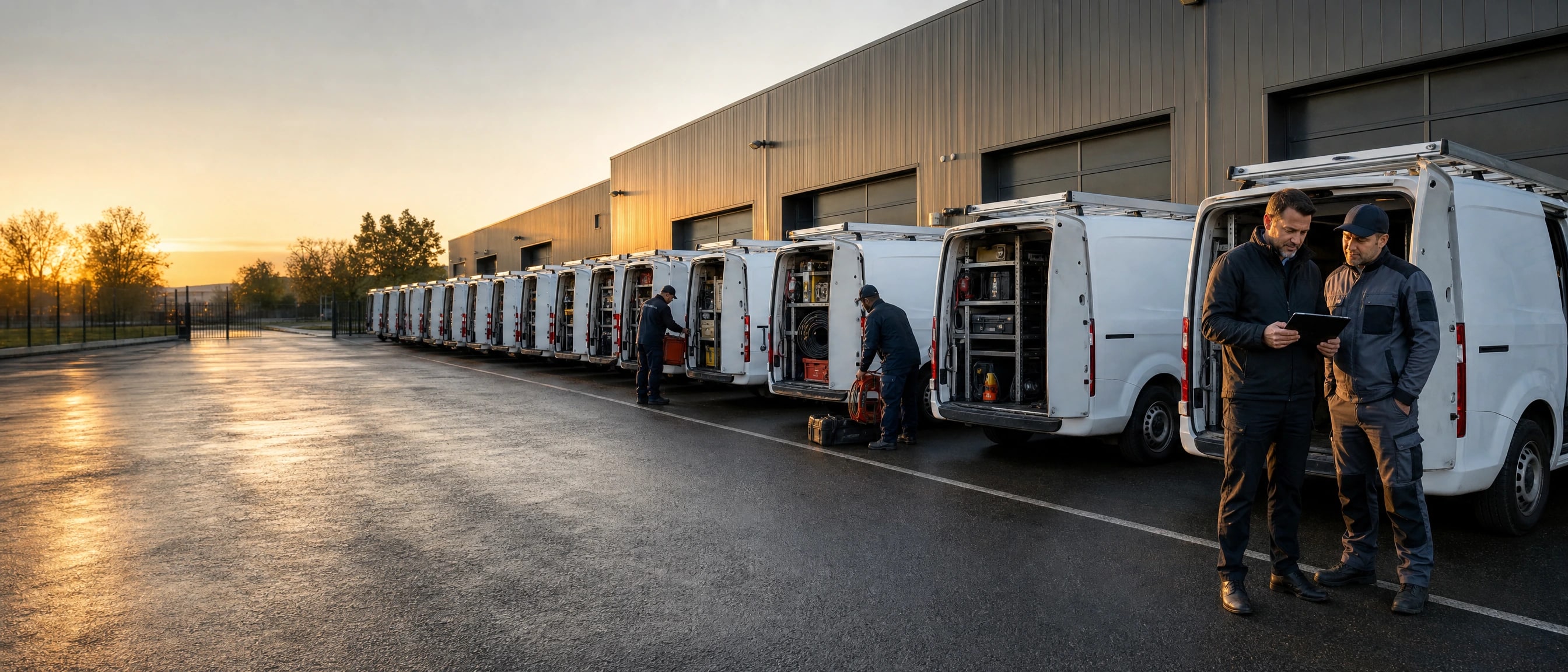 The morning roll-out: the field supervisor and a lead checking the day’s routes down a line of company vans at the operations facility
