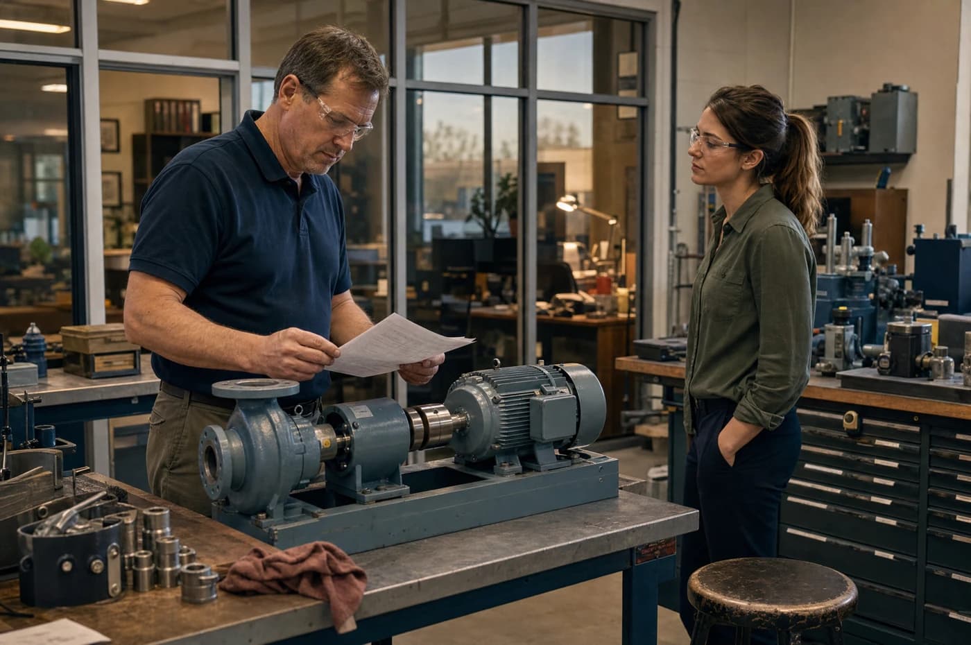 An engineer studying a specification beside the pump assembly while a colleague waits for the assessment