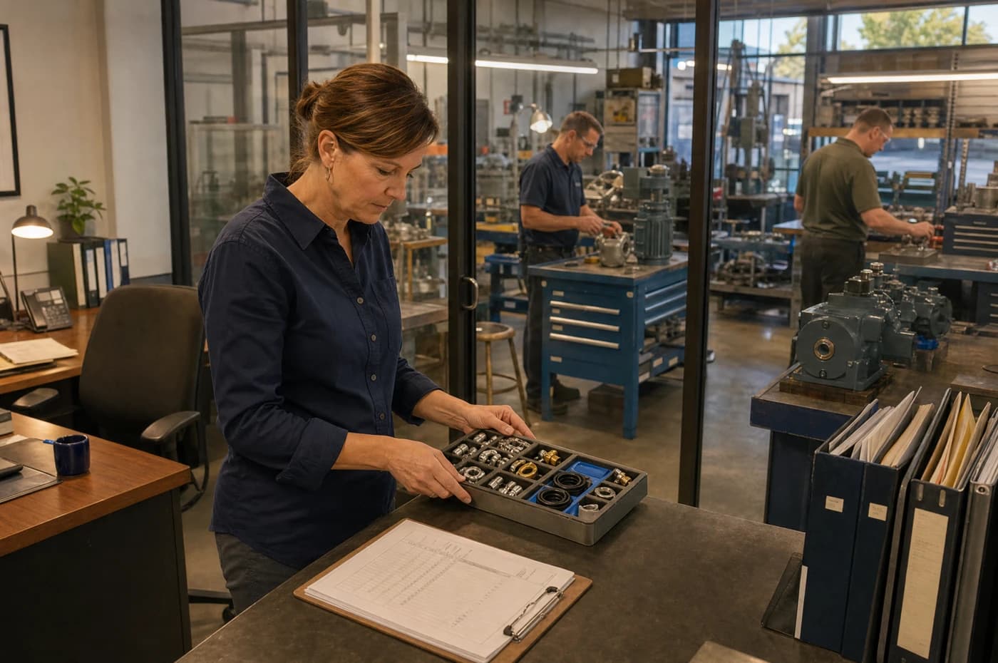 A coordinator checking a prepared component kit against its document packet at the workshop door