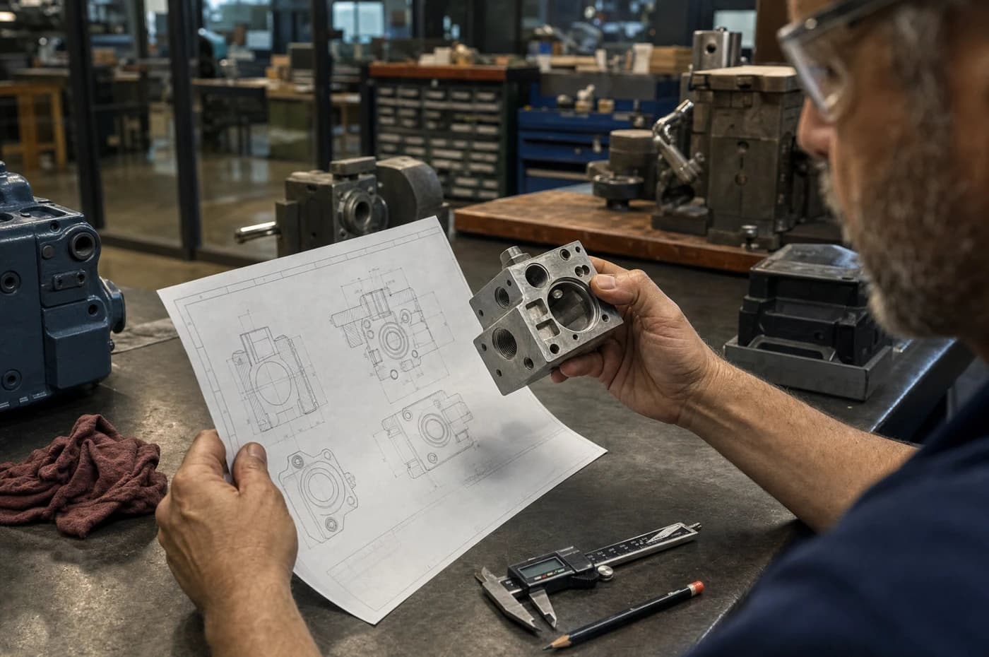 Hands comparing a machined valve body with a technical drawing on the bench
