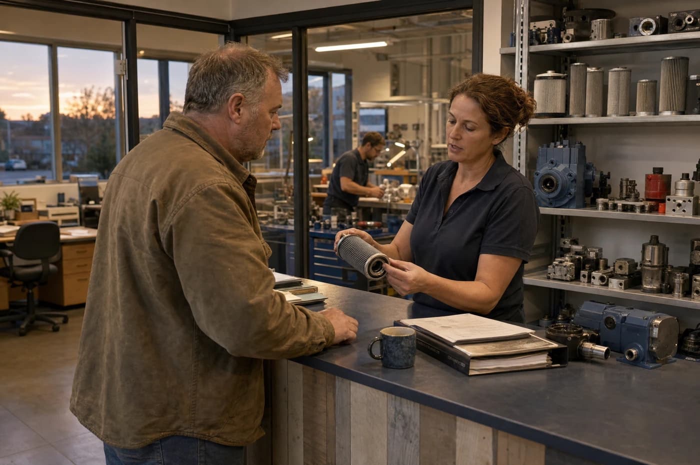 A longtime customer discussing a replacement filter element with a specialist at the technical counter