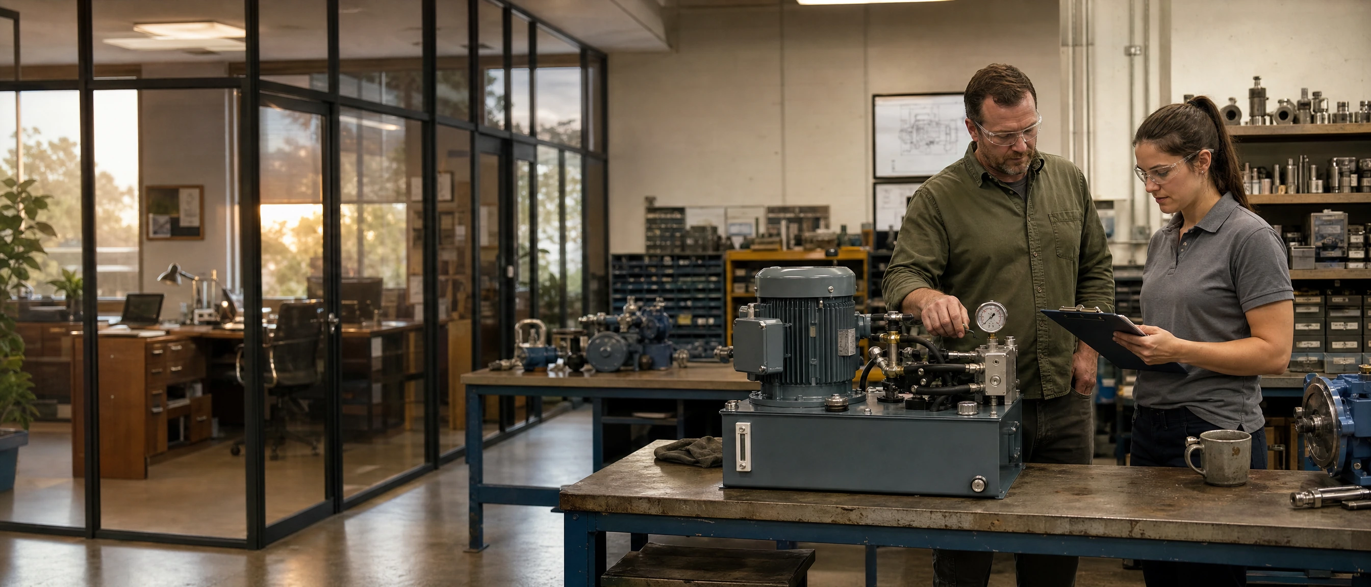 An assembly technician and an applications engineer inspecting a finished hydraulic power unit.