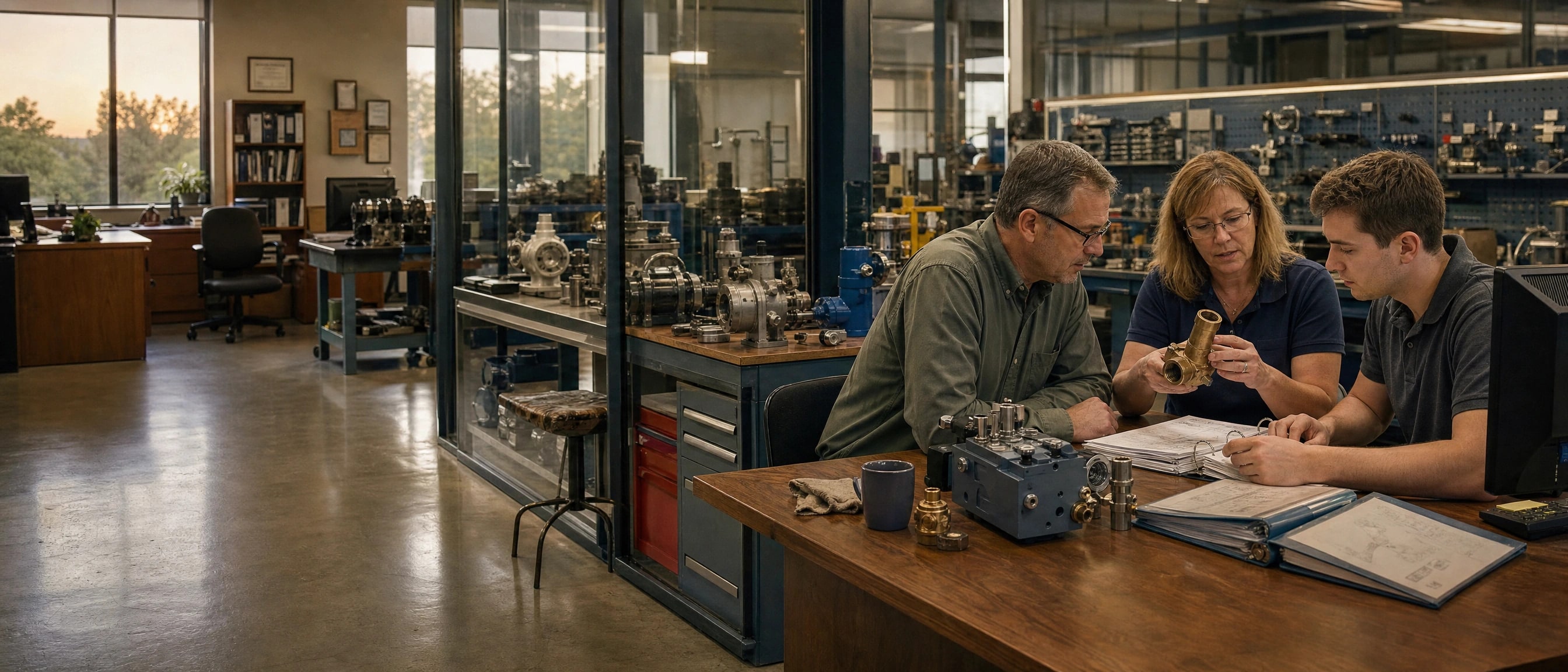 A senior specialist showing younger colleagues a valve body while they review a customer request.