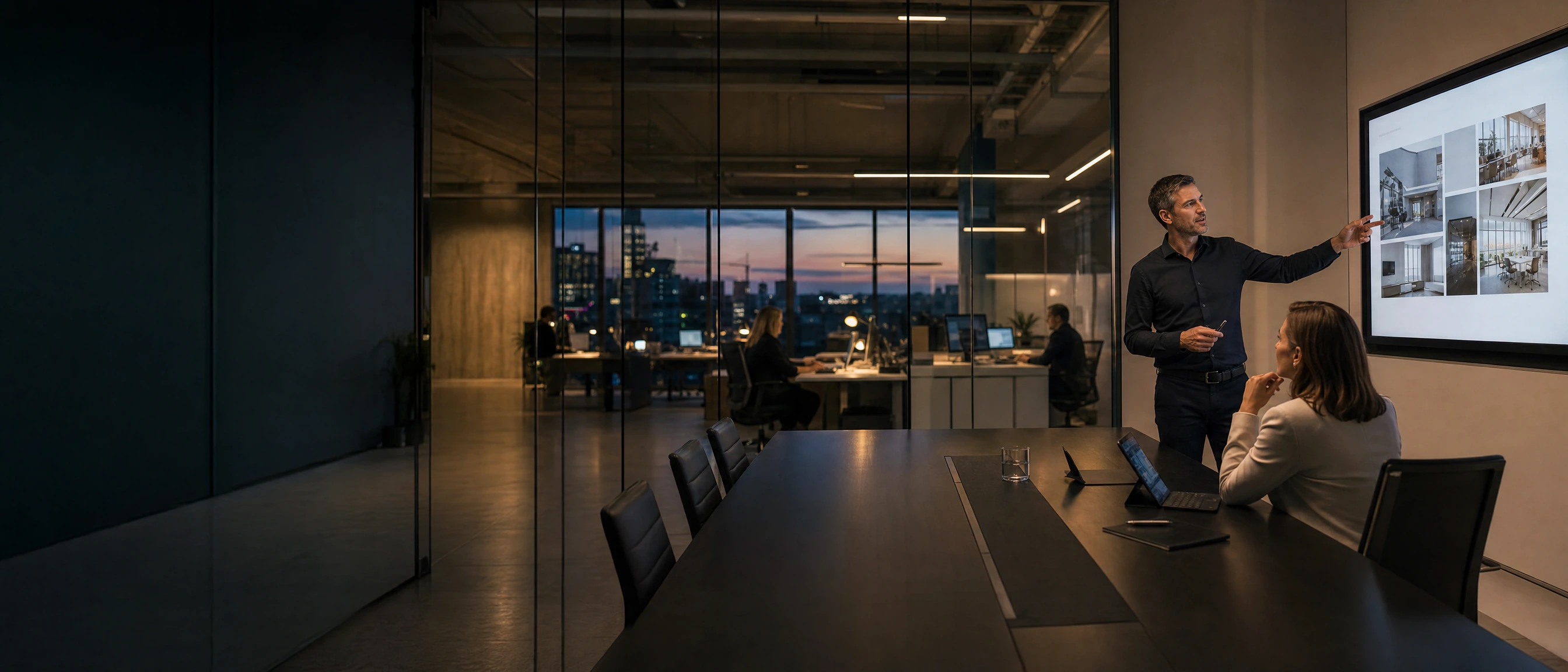 The agency’s growth lead presenting the plan to a client on the meeting room screen