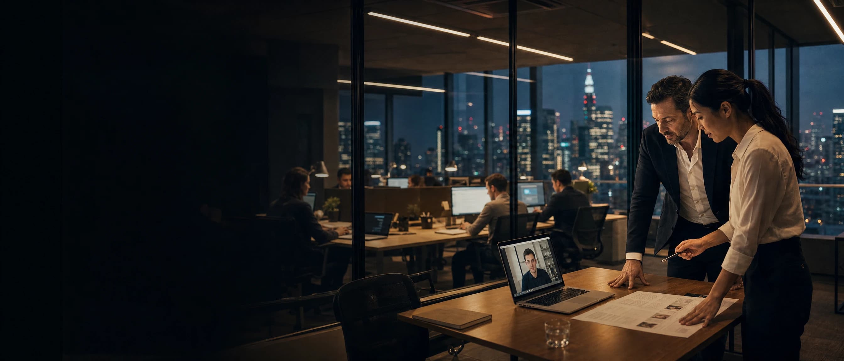 Two partners of the firm in a glass meeting room over a shortlist, the recruiting floor behind them