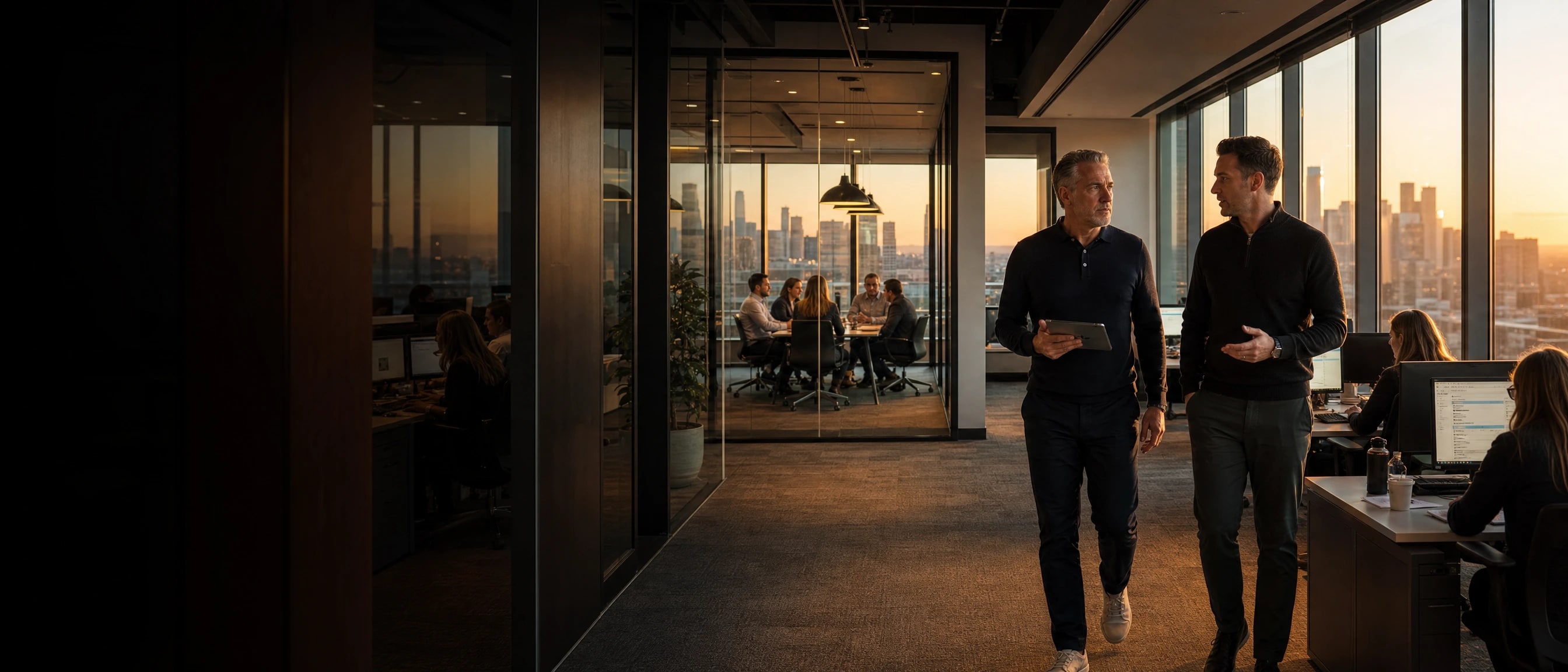 The managing partner walking the window line of the recruiting floor with a tablet, the recruiting director beside him, the skyline lit by the low sun