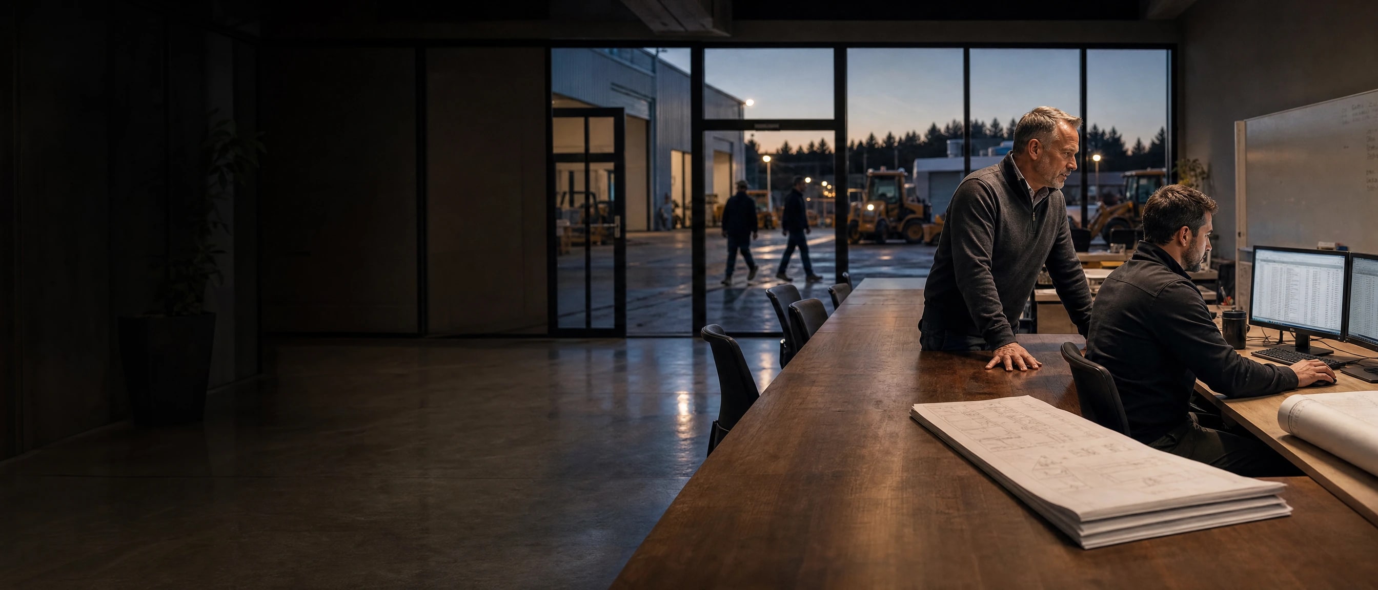 The owner and his estimator working the bid list together in the preconstruction room, the equipment yard beyond the glass