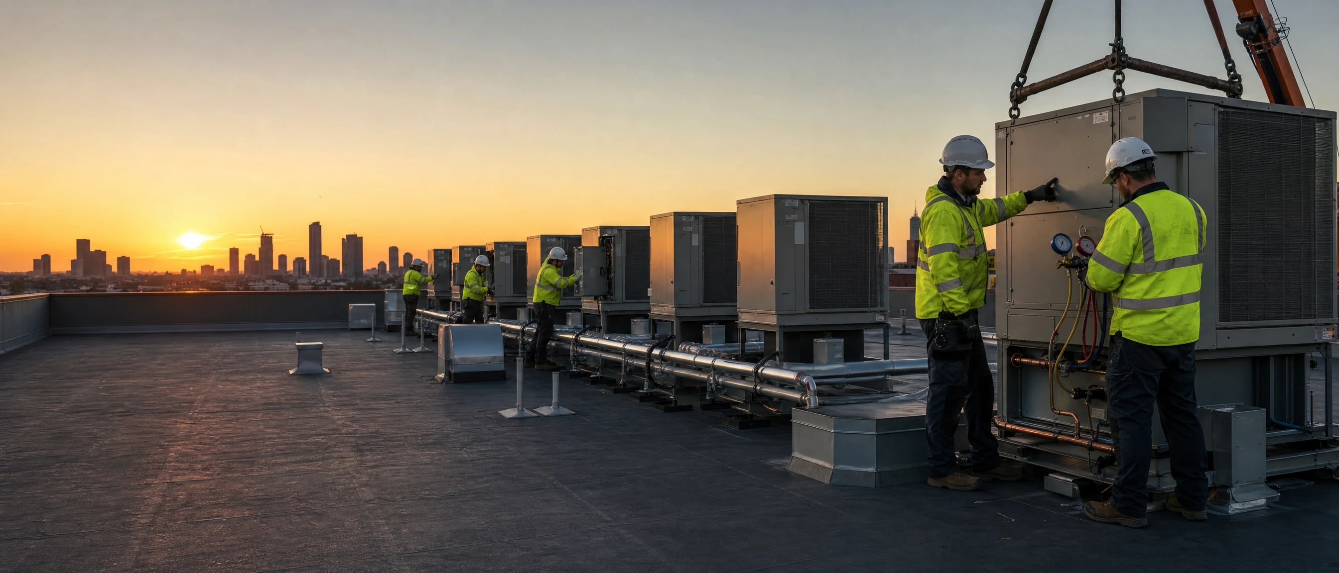 A mechanical crew commissioning a row of new rooftop units at sunset, the crane setting the last one